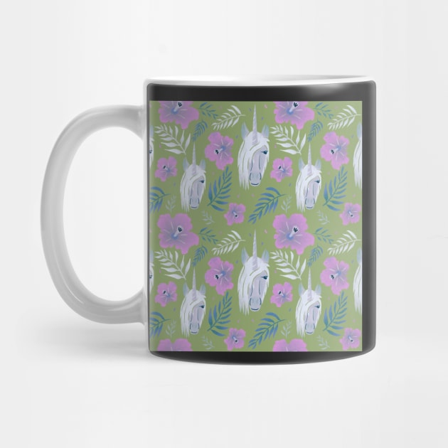 Unicorn and Hibiscus Pink Green Floral Pattern by OneLook